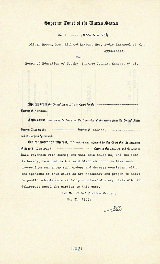 <p>The US Supreme Court hands down a landmark ruling in <em>Brown vs Board of Education of Topeka</em> (a city in Kansas), declaring racially segregated schooling to be unconstitutional.</p>